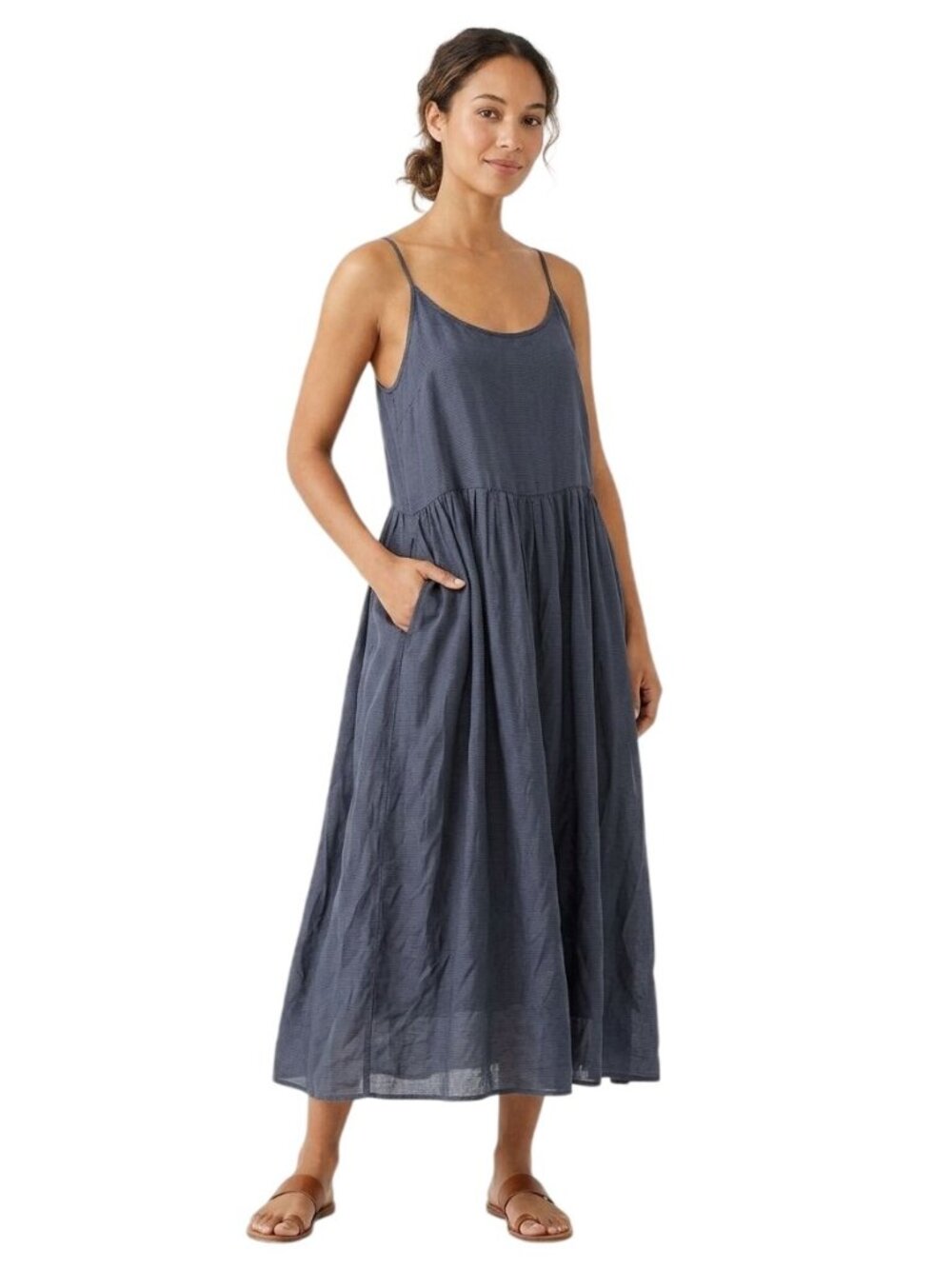 CP Shades Hazel Dress Linen Silk Pockets Lined Lagonlook Blue Stripe Size M